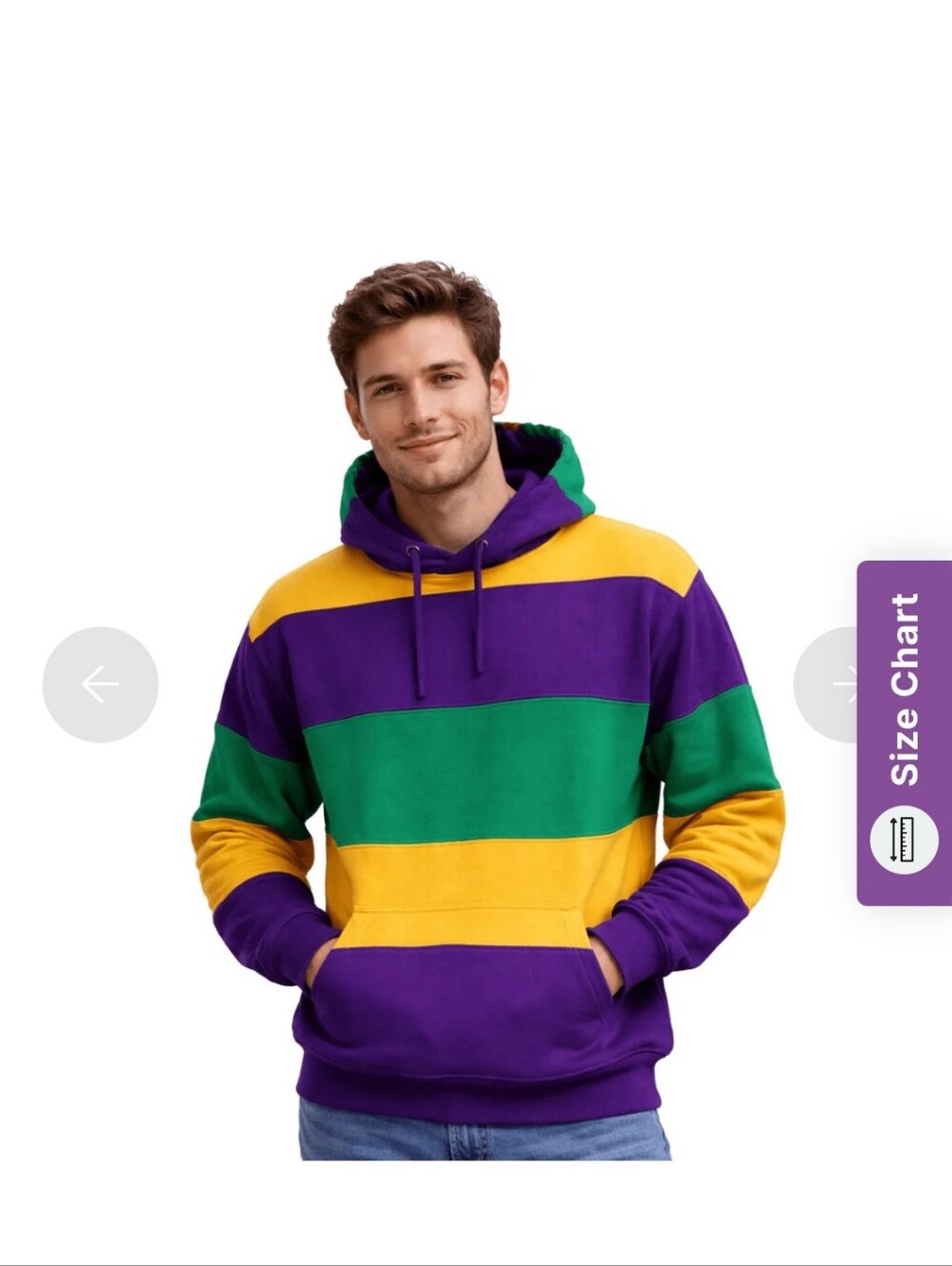 Striped Pullover Hoodie Purple Yellow Green Men's Size Xl Mardi Gras